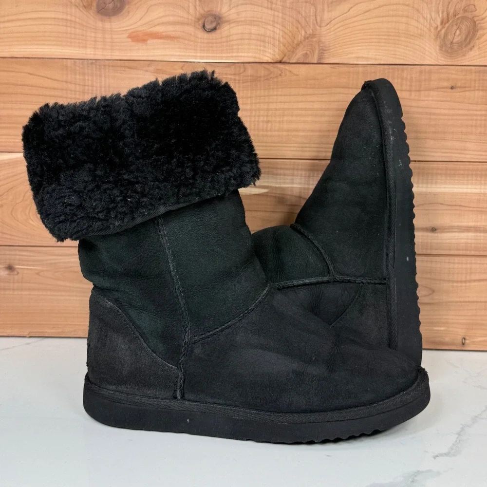 Black UGG Australia Tall Boots Sheepskin Fur Lined Fold‎ Over Cuff Women's 7